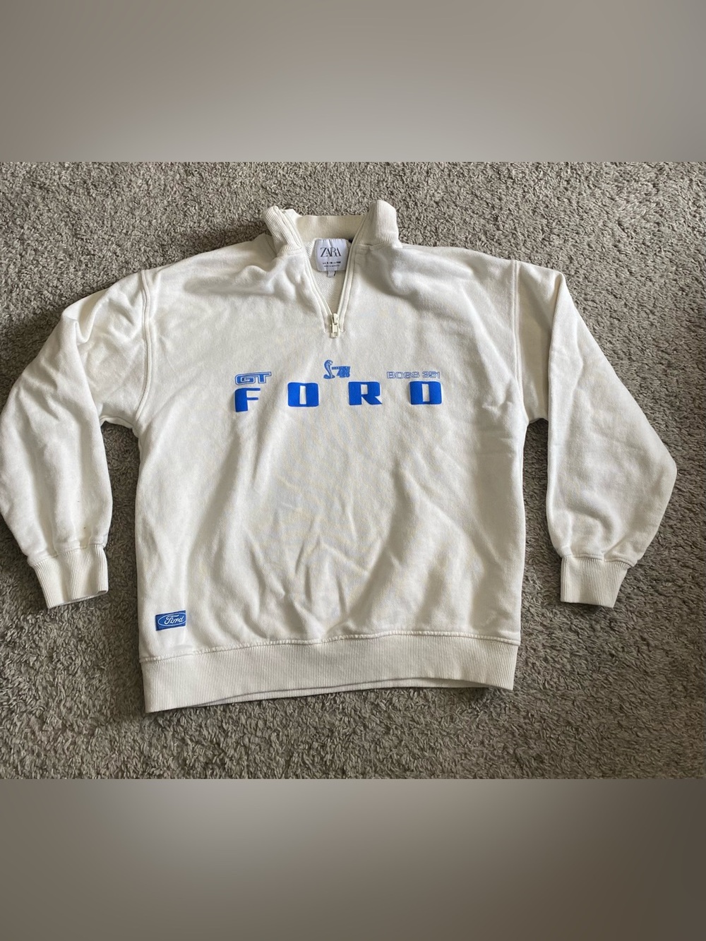 Zara Men’s Cream Quarter-Zip Sweatshirt with Blue FORD Logo